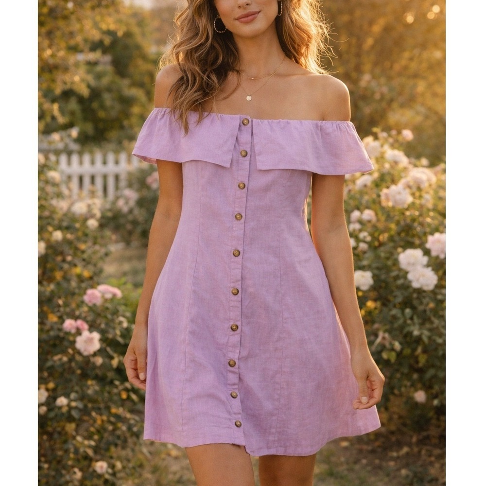 Express x Rocky Barnes Linen Blend Off Shoulder Button Mini Dress Size Large